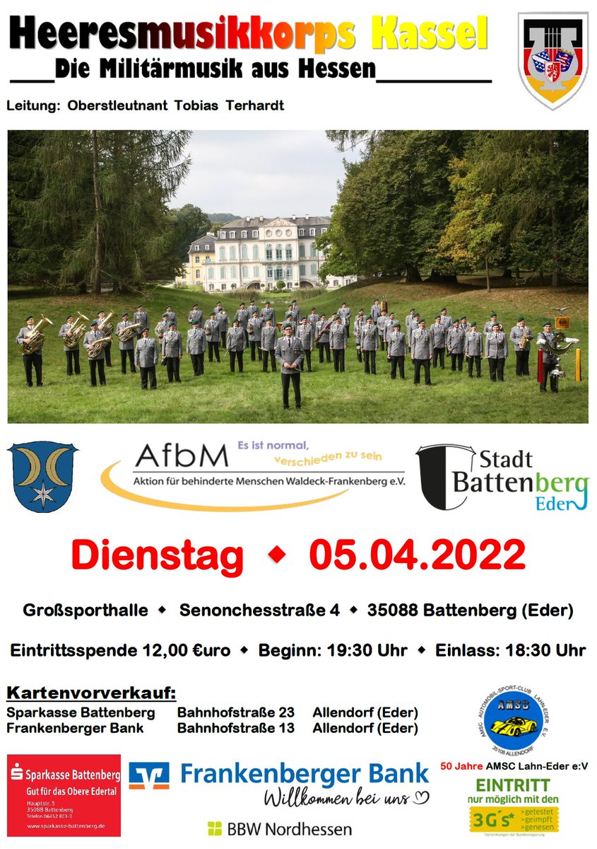 AMSC_Lahn_Eder's tweet photo. Achtung - Änderung des Veranstaltungsortes!!!
Das Konzert findet in der Großsporthalle Battenberg – Senonchesstraße 4 – 35088 Battenberg (Eder) am 05.04.22 statt! https://t.co/ihO78si5B3