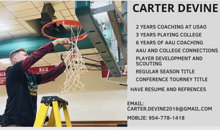 Dear coaches, my name is Carter Devine. I am a 24 year old energetic coach looking for a Assistant coach opportunity. Here is some information below.
