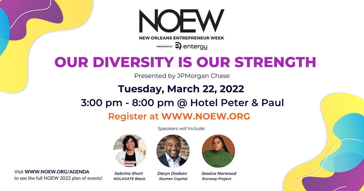 '<a href="/helloNOEW/">New Orleans Entrepreneur Week (NOEW)</a> is around the corner and we are so excited to see <a href="/OchsnerHealth/">Ochsner Health</a>'s Inez Jordan, AVP of Diversity &amp; Inclusion, speak as part of a panel on "Operationalizing Racial Equity" 3/22 at 3:35pm at the Hotel Peter &amp; Paul. Register today: events.hubilo.com/new-orleans-en…