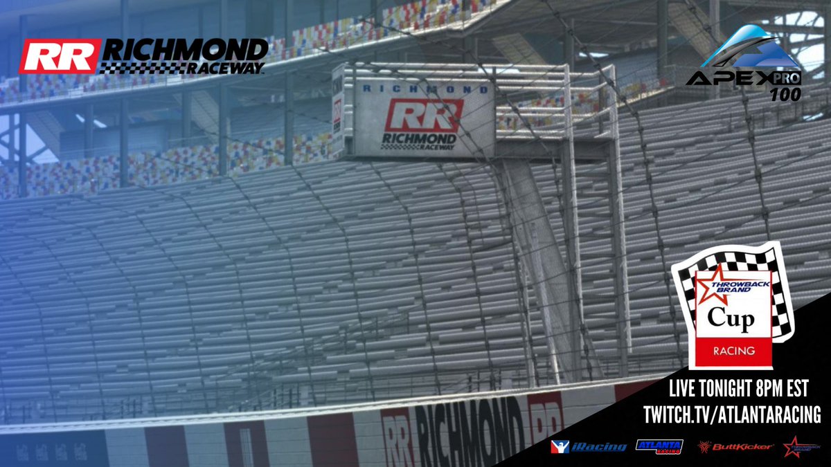 Atlanta_Racing's tweet photo. Racing LIVE Tonight, the @throwback_brand Cup Series heads to Richmond Raceway for the Apex Pro 100! @ECR_KoolAid currently leads in points, can he top it off with a win? Find out Tonight at 8PM EST, only on Twitch:
#iRacing #NASCAR #AtlantaRacing
https://t.co/7DGUkaqcD7 https://t.co/TYm49OQCKH