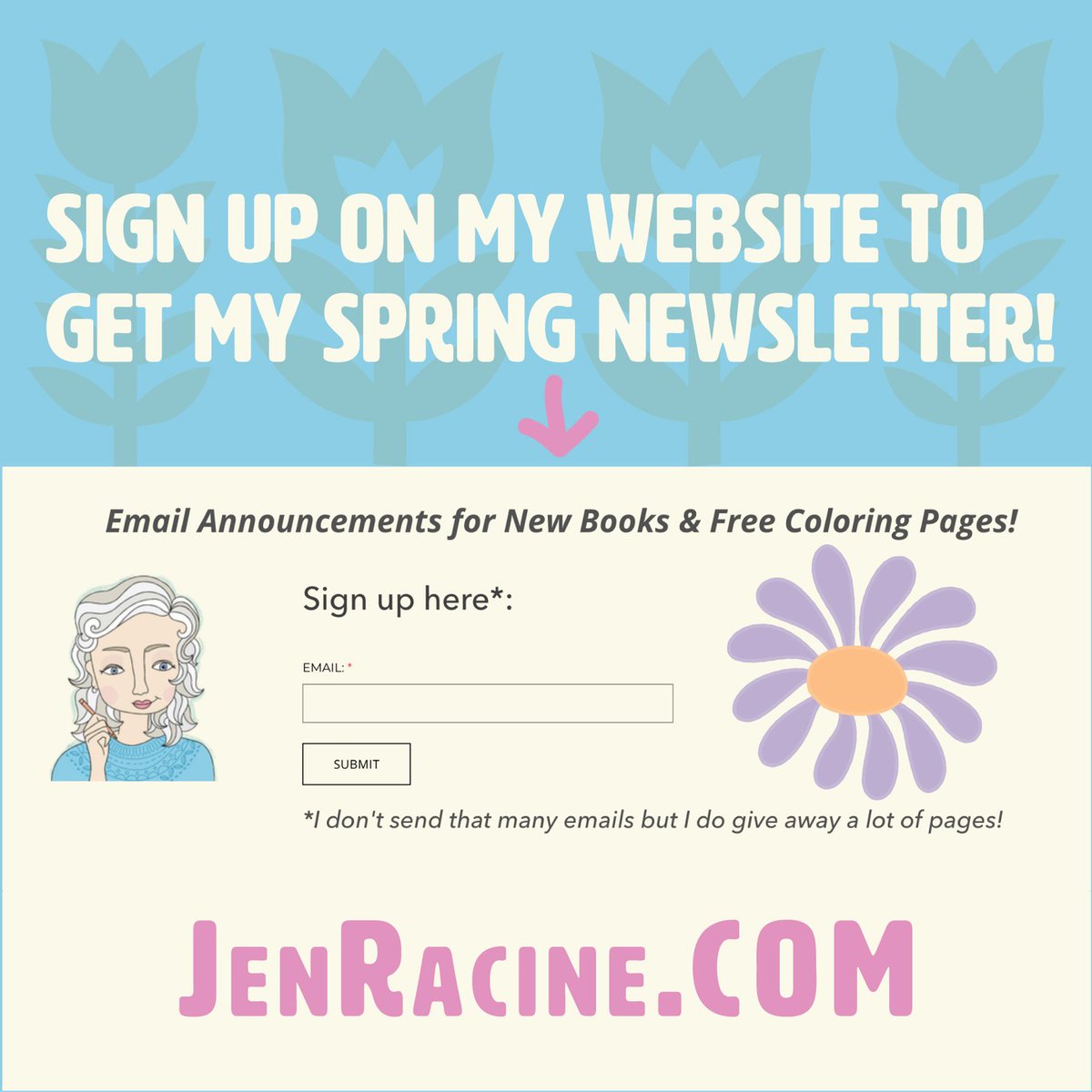 JenRacine1's tweet photo. I'm working on some Spring news! If you'd like to get this direct to your inbox every so often (with free pages), sign up on my website. Thank you xoxo https://t.co/KnfAPlbQP7