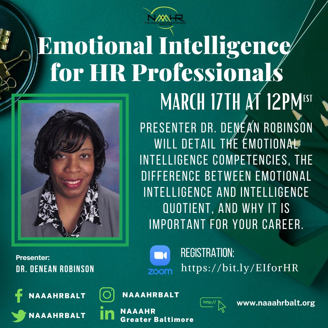 NAAAHRBalt's tweet photo. NAAAHR Greater Baltimore is hosting Emotional Intelligence for HR Professionals on March 17th at 12PM! Join us to learn more about emotional intelligence and why it is important for your career. Register here  https://t.co/QkDoAGOKT1 
 Can't wait to see you there!!!  #naaahrbalt https://t.co/3kvSHporzR