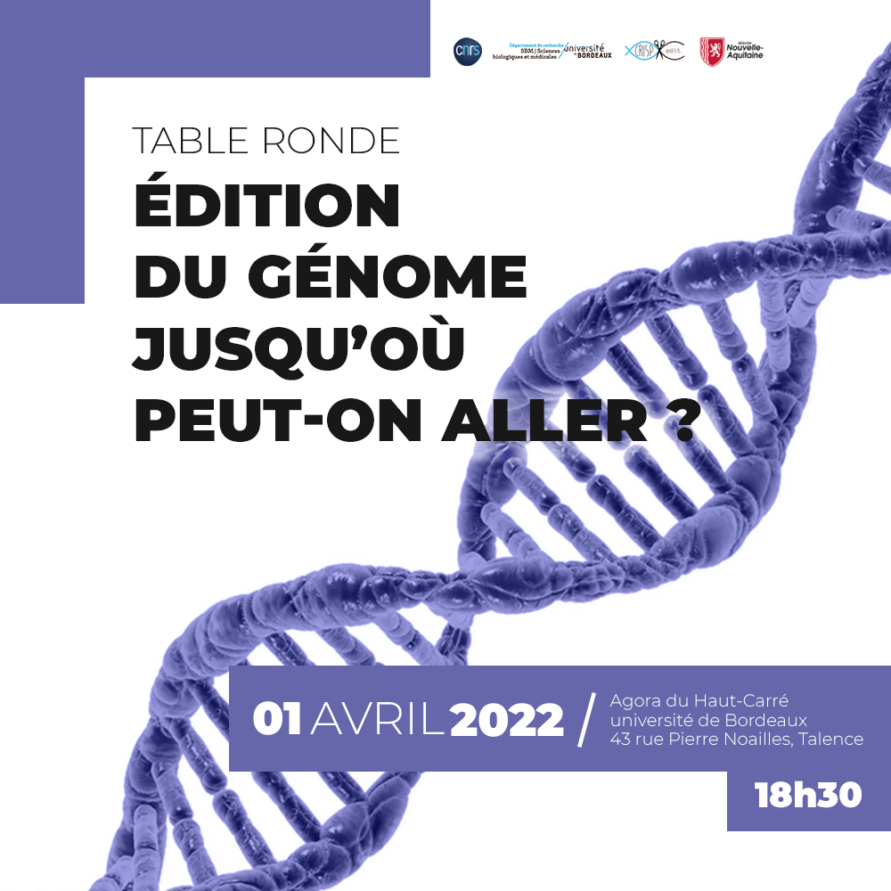 Je me fais un plaisir d'animer la table ronde Grand Public du 1er avril à l’Agora du Haut-Carré de Bordeaux sur le thème 🧬✂️ « Édition du génome jusqu’où peut-on aller ? », en conclusion du colloque <a href="/CongressCRISPR/">CRISPR and Translational Medicine Congress</a> 
u-bordeaux.fr/Evenements/De-…
Venez nombreux !