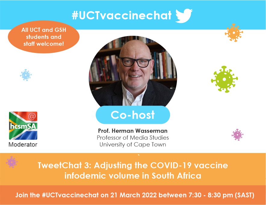 If you're anything like me &amp; enjoy a good discussion about how misinformation, disinformation &amp; an overload of information has impacted COVID-19, join the next #UCTvaccinechat with co-host Prof. Herman Wasserman (<a href="/hwasser/">Herman Wasserman</a>) from <a href="/UCT_news/">UCT</a> 

#hcsmSA
#VaccineRolloutSA
#Infodemic