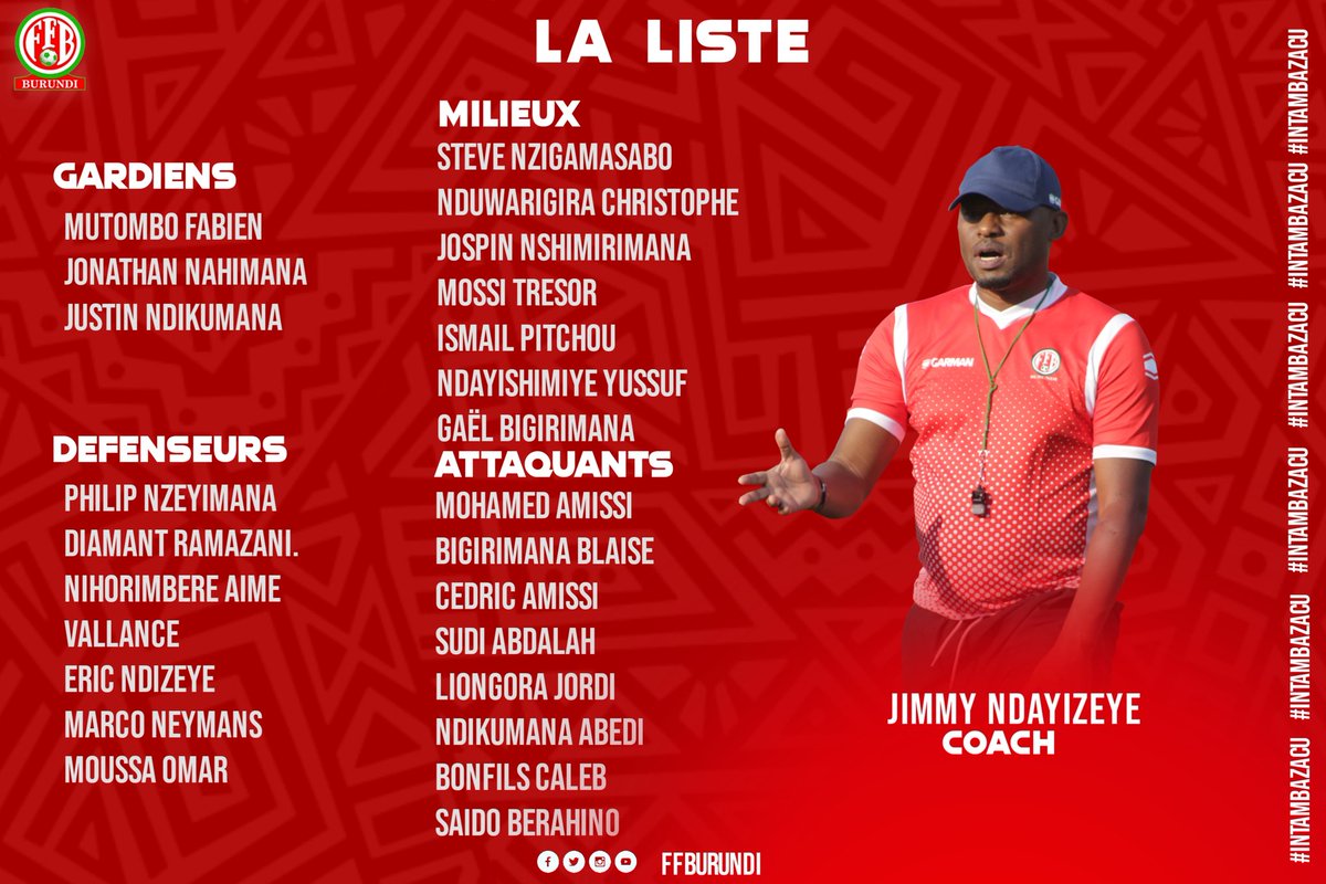 🔴Voici la liste des 24 joueurs sélectionnés par Jimmy NDAYIZEYE pour les deux matches amicaux (#Bahrëin et #Libéria) des Intamba mu Rugamba .