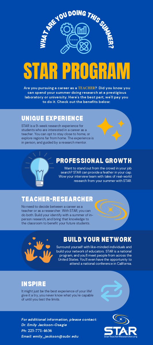 Hey Jaguars! Are you pursuing a career as a teacher? Did you know you can spend your summer doing research at a prestigious laboratory/university? Here's the best part we'll pay you! Contact Dr. Emily Jackson-Osagie at emily_jackson@subr.edu for more info. #WeAreSouthern #RYSSUBR