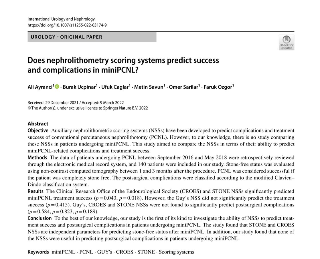 rdcu.be/cI4AI 
Our article has been published. I added the link for who wants to take a look👆 #urology #kidneystone #miniPCNL
