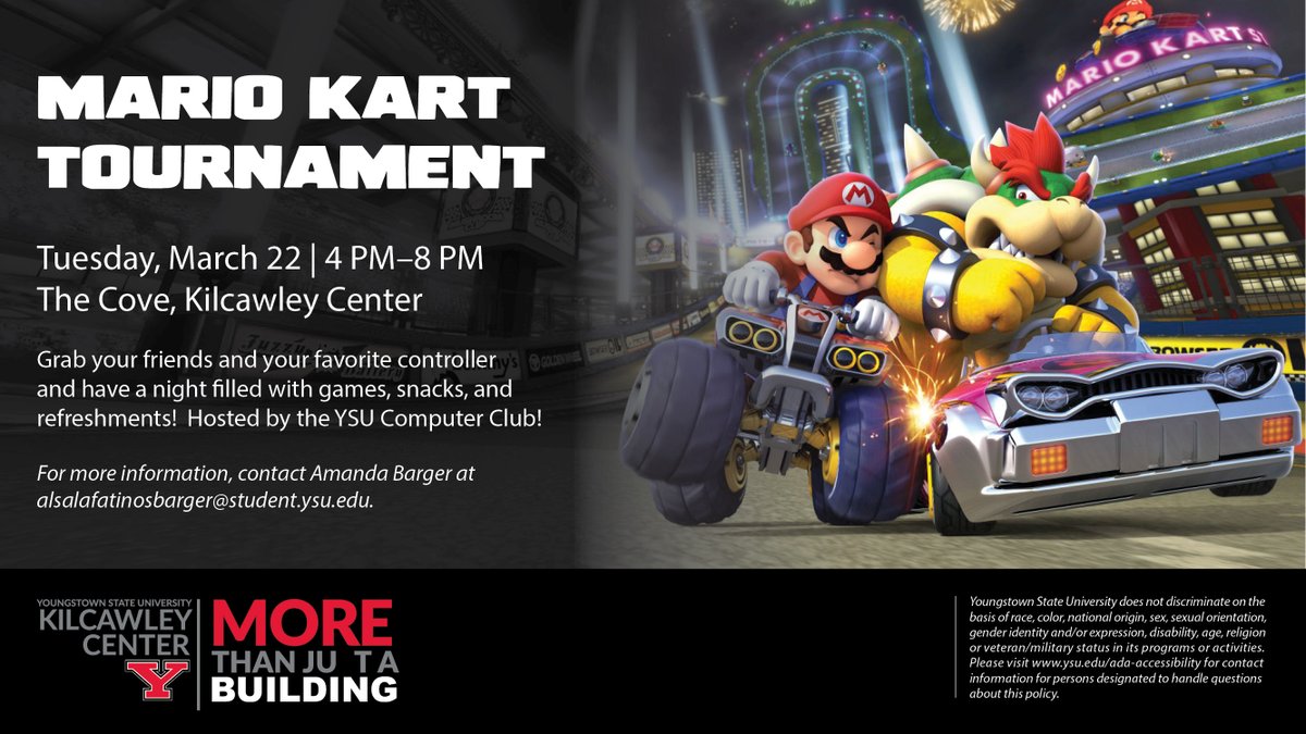 YSUcomputer's tweet photo. NEXT TUESDAY we are hosting a Mario Kart Tournament at The Cove!

Join us from 4-8pm for gaming and snacks! https://t.co/nX2BtjgXKZ