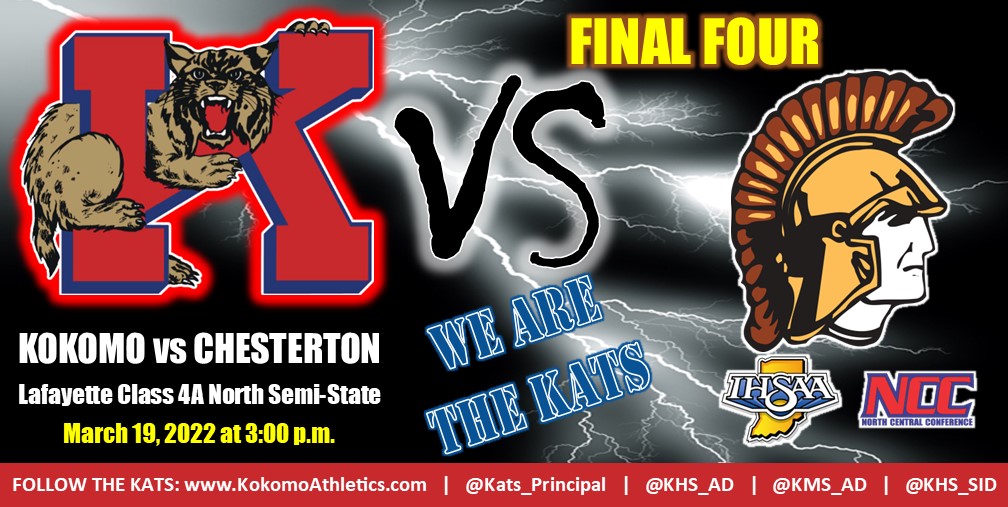 Kokomo vs. Chesterton on Saturday for the right to play in @GainbridgeFH for the Class 4A boys basketball state title. Who is going to meet me in Lafayette? ❤️💙🏀🏆 #GoKats #OnwardKokomo #LegacyMatters @Kats_Principal @KHS_AD @WildkatBBall @MemorialManiac_ @KMS_AD