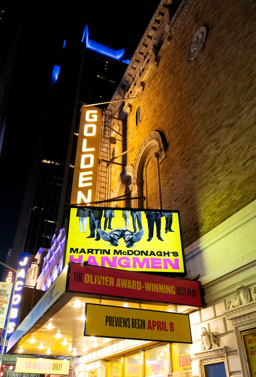 HangmenBway's tweet photo. The marquee is lit and previews begin April 8 at the Golden Theatre. Get your tickets at https://t.co/YkNbz7qJyx 🍻 https://t.co/eFkqrzLFvm