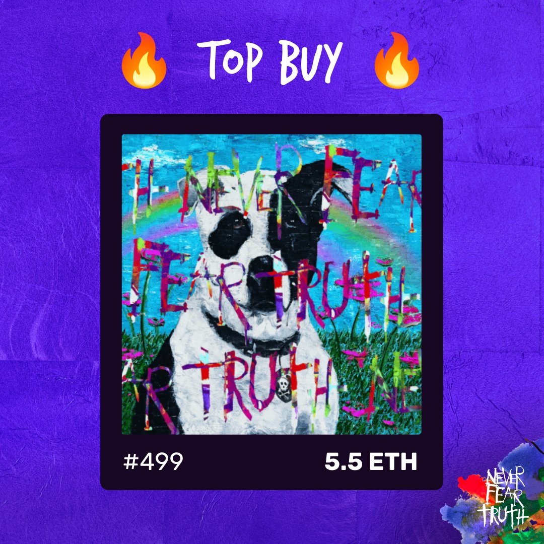 One of the hottest sales of the last week 🔥

Johnny's beloved dog Mooh 🌈🐶 
NFT ID 499 sold for 5.5ETH.

Join the community on Discord discord.gg/neverfeartruth