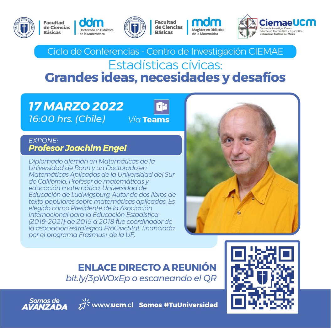 salcedoa's tweet photo. Centro de Investigación en #Educacion #Matematica y #Estadistica, invitan a la Conferencia “Estadísticas cívicas: grandes ideas, necesidades y desafíos. Por qué necesitamos una sub-disciplina”, Dr. Joachim Engel, Ludwigsburg University of Education, Alemania #EduEsta #EduMat https://t.co/CutVE68UUR