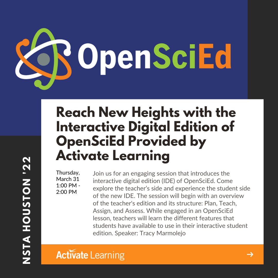 We recently announced that we're now a certified @openscied Professional Learning Provider. 🙌 Join us for this informative and inspiring workshop at #NSTA22:  "Reach New Heights with the Interactive Digital Edition of #OpenSciEd" Get event reminders: loom.ly/-esb-JY  🚀