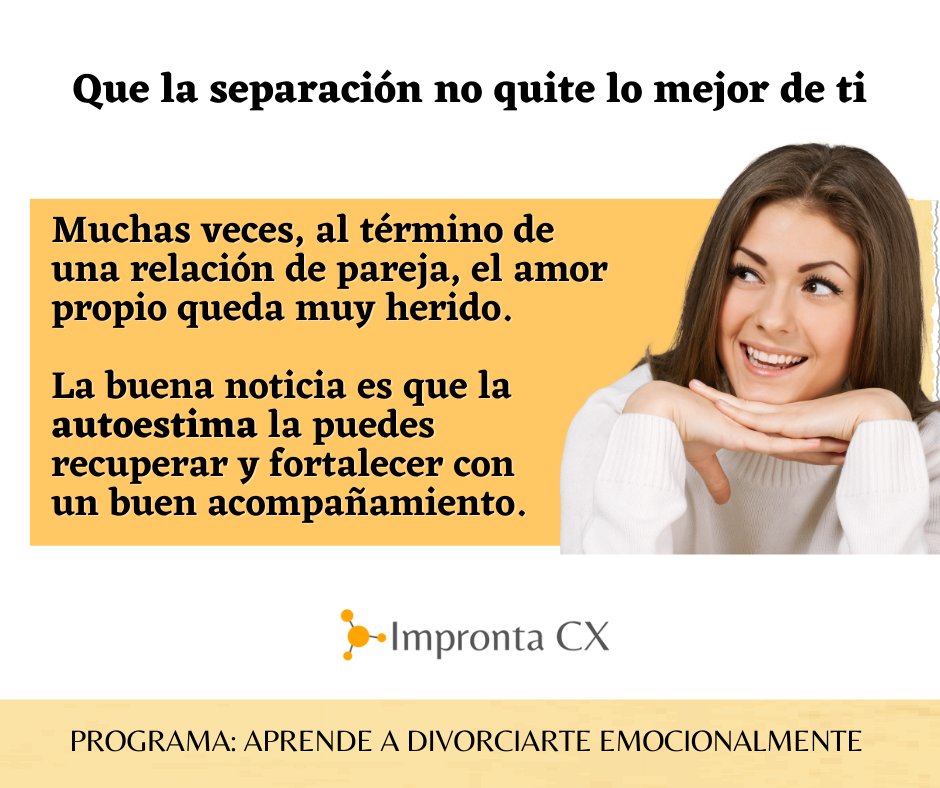 Impronta_CX's tweet photo. Frecuentemente, al terminar con alguien, sentimos nuestra autoestima disminuida. Por eso queremos invitarte a nuestra conferencia gratuita online para que conversemos del proceso de la ruptura.
Más info en: https://t.co/ZrSZiTB77y 
#divorcio
#ruptura
#separación
#parejas https://t.co/r5viPCuhAk