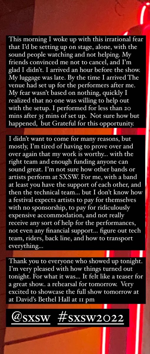 haigpapa's tweet photo. some things need to change @sxsw 
A broken system that alienates some independent musicians instead of supporting them… “THIS IS WHY I DIDN’T WANT TO COME TO SXSW” 
#sxsw2022 https://t.co/vpbeUVysTZ