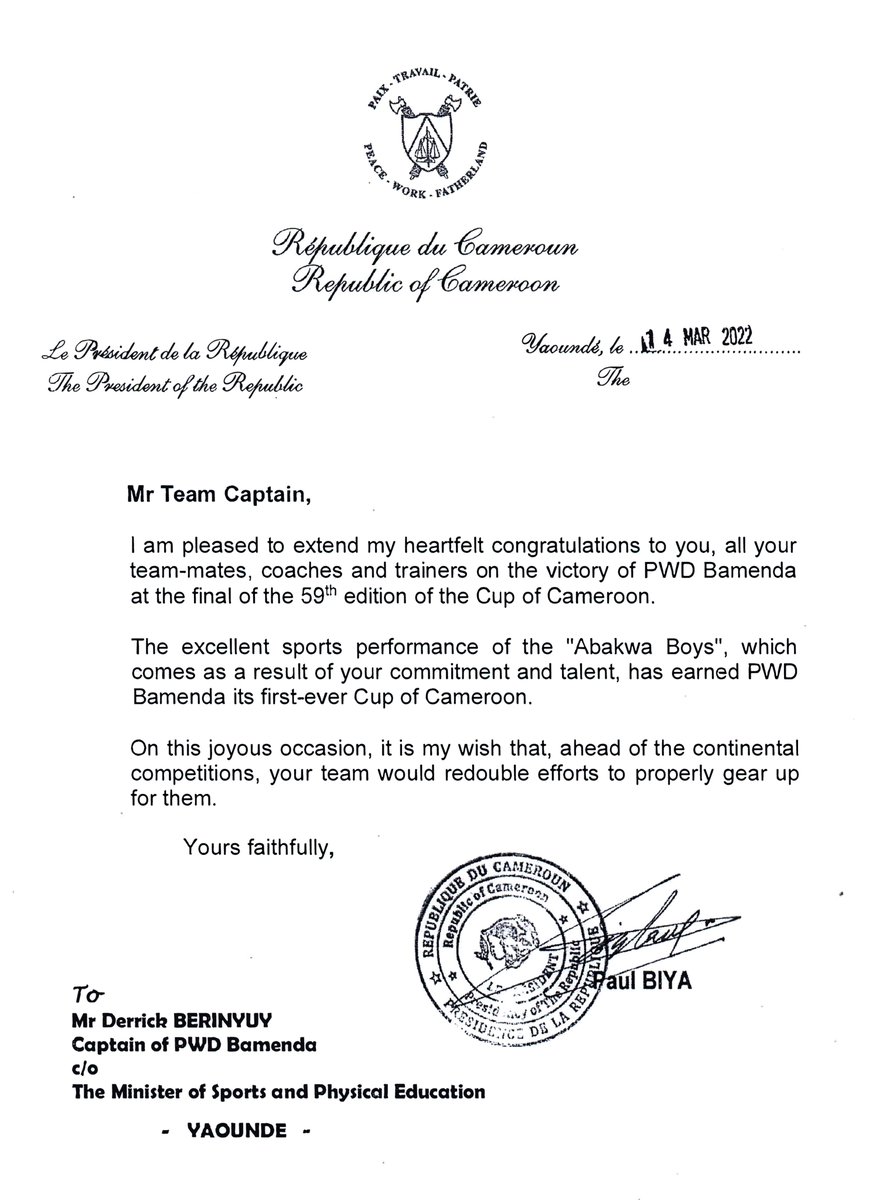 CabinetCivilPRC's tweet photo. President Paul BIYA's congratulatory message to the players and staff of PWD Bamenda, champions of the 59th edition of the Cup of Cameroon. 
#PaulBiya
#Cameroon https://t.co/UIUebIIeX5