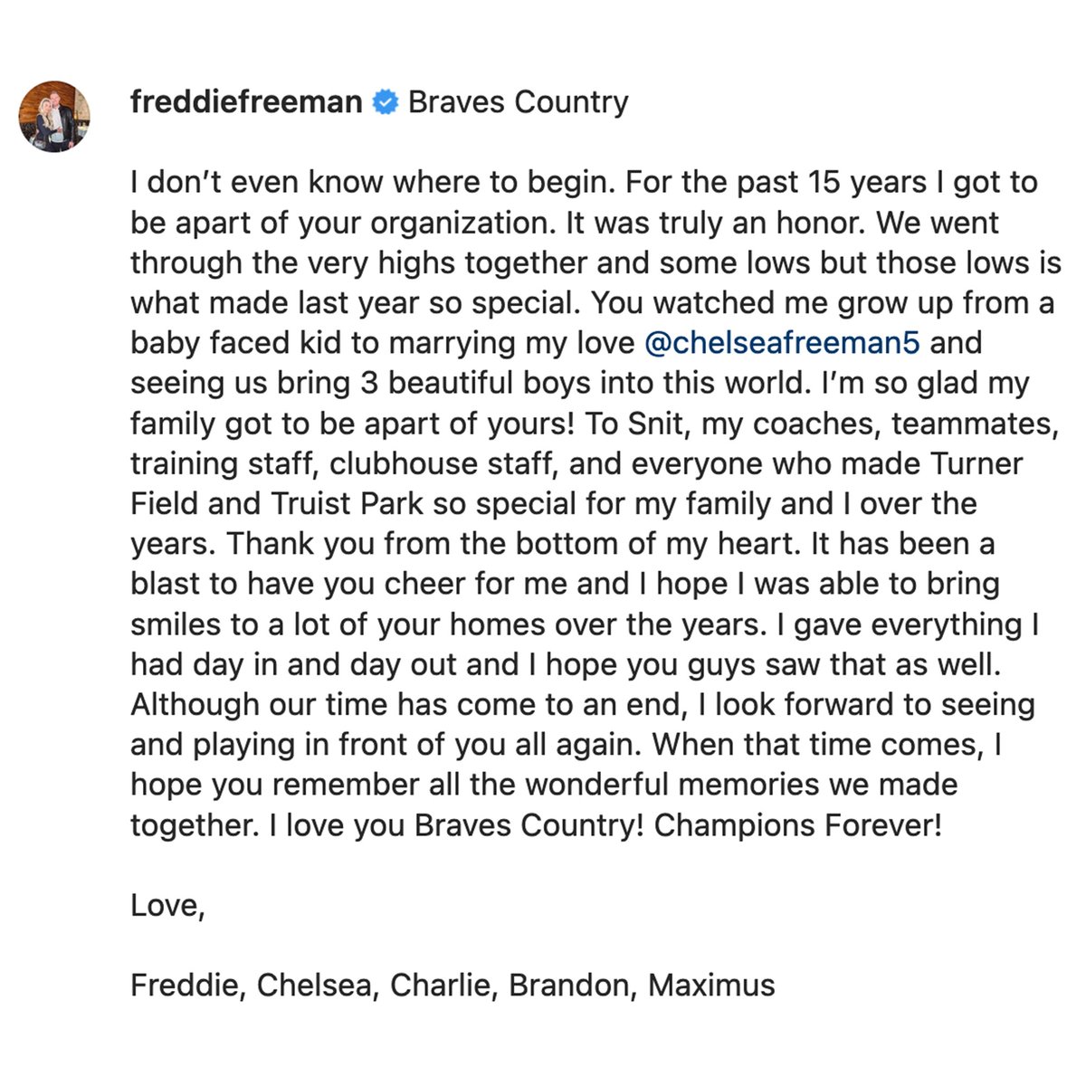 Freddie Freeman pens goodbye letter to Atlanta.