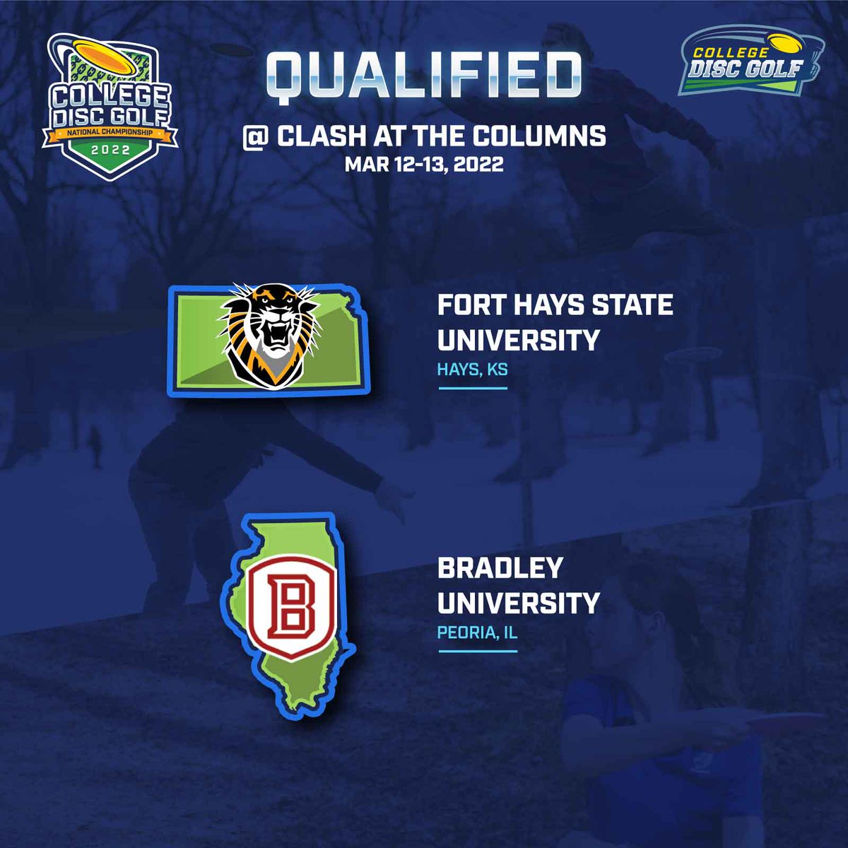 CollegeDiscGolf's tweet photo. Clash at the Columns #CDGNC Qualifier results: 
Fort Hays State and Bradley University qualified for Nationals competing on the #bucketlist Harmony Bends course. 
Thanks @mudiscgolfclub for running a this event! 
#CollegeDiscGolf #pdga #collegesports #discgolf https://t.co/k4zPgWddlH