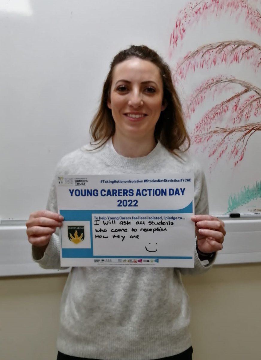SuttonCarers's tweet photo. Next stop, @overtongrangesc. Here, Julia met teacher, Emily Cotter who pledged: "To help #YoungCarers feel less isolated, I pledge to ask all students who come to reception how they are." #YoungCarersActionDay #TakingActiononIsolation #StoriesNotStatistics #YCAD #SuttonCarers https://t.co/CQanZmjngs