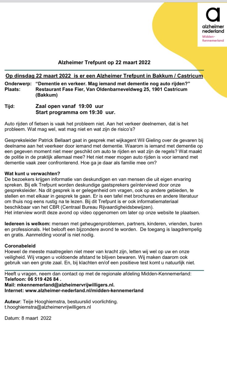 Op 22 maart is er weer een Trefpunt in Castricum/Bakkum. Het thema is: ‘Dementie en verkeer’. Iedereen is van harte welkom!