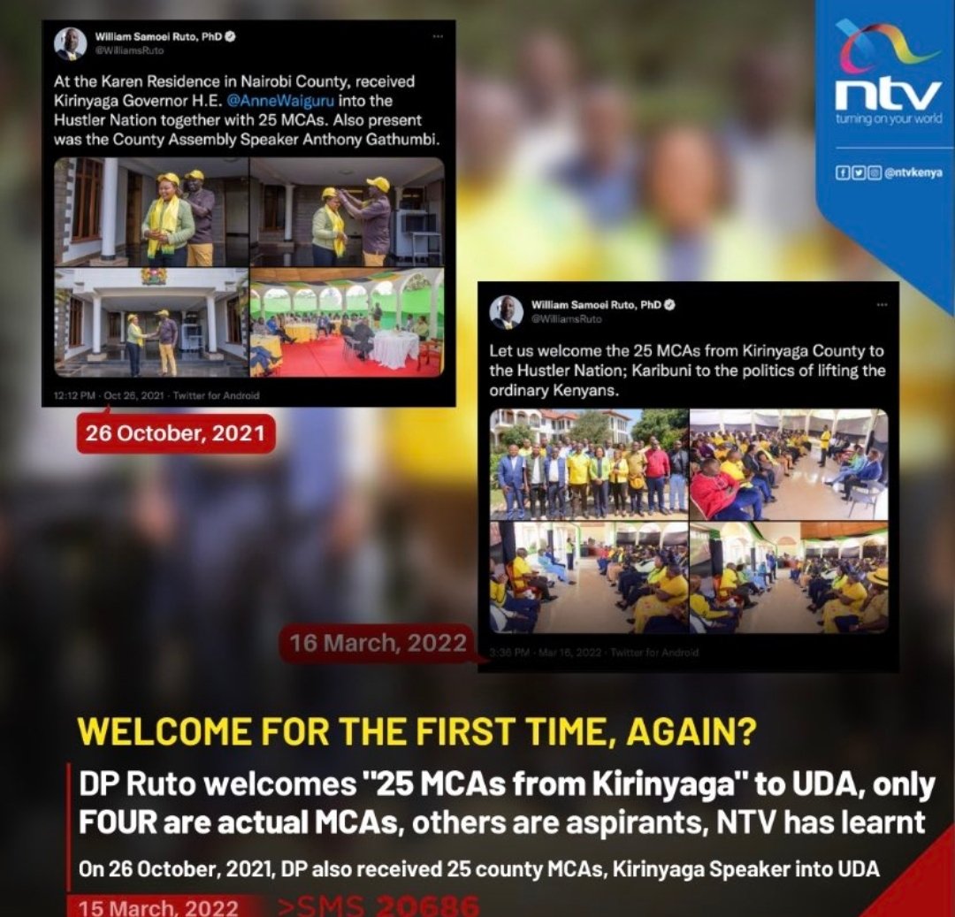 WanjikuUprising's tweet photo. The DP Ruto is harvesting fake defectors in Mt Kenya! 
DP Ruto welcomed "25 MCAs from Kirinyaga" to UDA for the second time but only 4 are actual MCAs the remaining 21 are aspirants.
At this rate Ruto will sell part of Kenya to Somalia as President. | @DonaldBKipkorir
#UDANDC https://t.co/W7NIvMAham