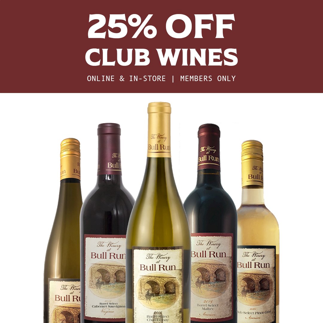For a limited time, club members will receive 25% all bottles of club exclusive wines! 🍾

If ordering online, be sure to log in with your club member email (discount will be applied automatically) 

SHOP NOW: store.wineryatbullrun.com/club-exclusive…