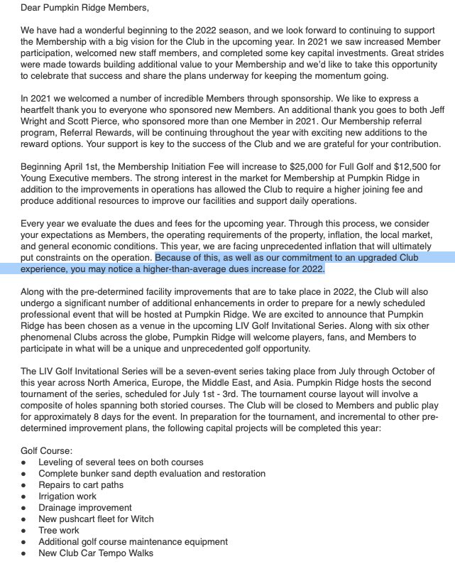 johncanzanobft's tweet photo. Pumpkin Ridge will host the Saudi-Backed Golf League inaugural event — LIV Golf Invitational on July 1-3.

Course sent this letter to members today: https://t.co/BljCmlrf07