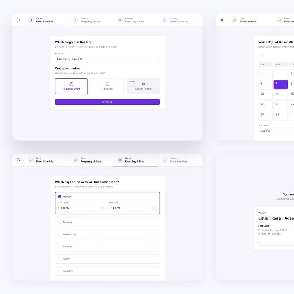 neverbeforeco's tweet photo. This design for LaunchPad is part of an event creation flow, which organizers will use to set up schedules for activities such as martial arts programs, sport practices, and much more! 

​#mvpdesign #startuplife #agencylife #youthprograms 👉 https://t.co/hQg9c9hrbo https://t.co/XQtKExrGV4