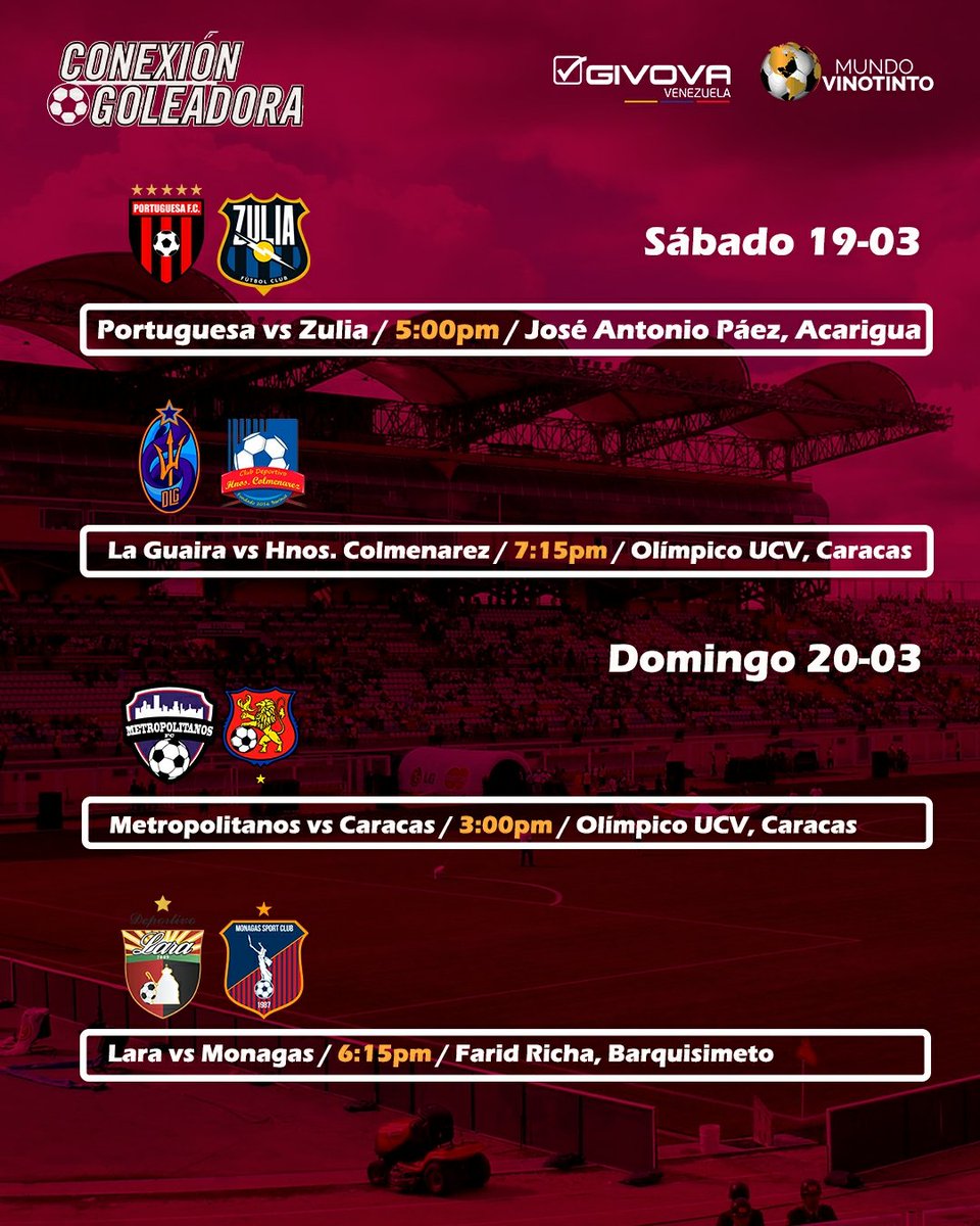 conexgoleadora's tweet photo. ¡LA PREVIA DE LA @LigaFUTVE ! 🙌🇻🇪

Por acá te dejamos los horarios y partidos de la fecha 4️⃣ del fútbol venezolano. ⚽🔥

💬 Déjanos tus pronósticos 👀👇

📬La jornada de la #LigaFUTVE es cortesía de Givova Venezuela y @Mundo_Vinotint0 https://t.co/8kpupOL4Ja
