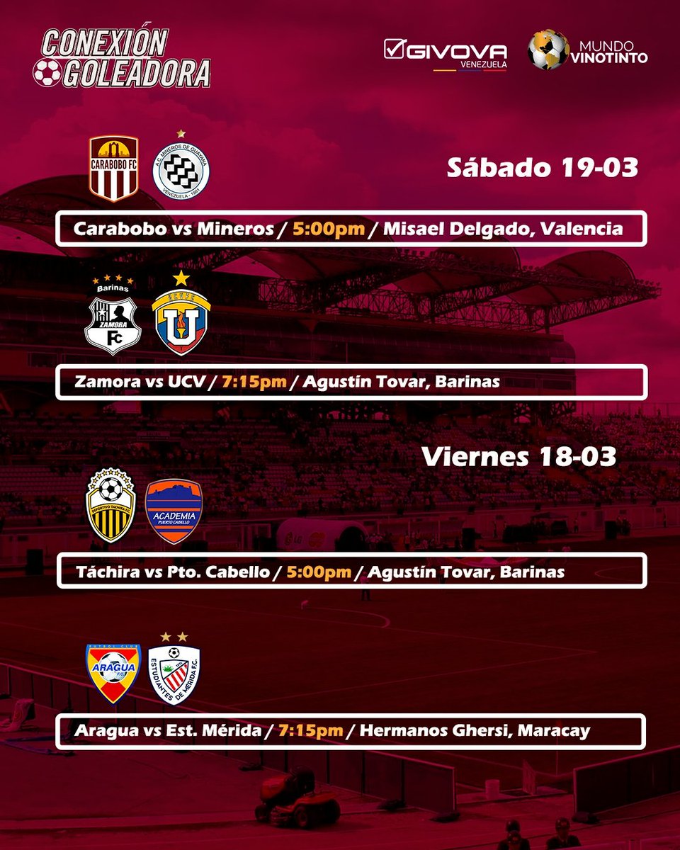 conexgoleadora's tweet photo. ¡LA PREVIA DE LA @LigaFUTVE ! 🙌🇻🇪

Por acá te dejamos los horarios y partidos de la fecha 4️⃣ del fútbol venezolano. ⚽🔥

💬 Déjanos tus pronósticos 👀👇

📬La jornada de la #LigaFUTVE es cortesía de Givova Venezuela y @Mundo_Vinotint0 https://t.co/8kpupOL4Ja