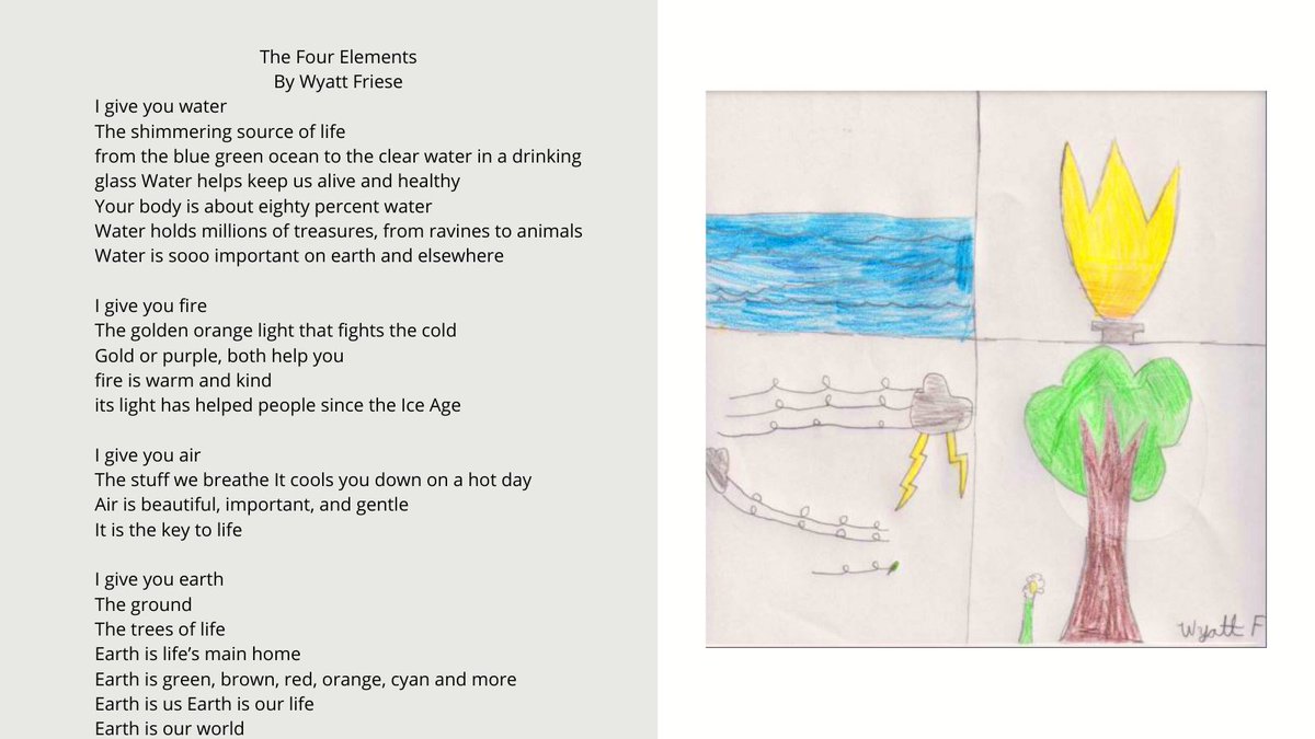 PromptFor's tweet image. This response comes from CA. and reminds us of the gifts Earth gives.  We love the image Wyatt (age 9) gives us of fire--warm, kind, and beautiful. We know how destructive the wildfires in CA can be, but Wyatt reminds us of its natural beauty and gifts. @scfriese