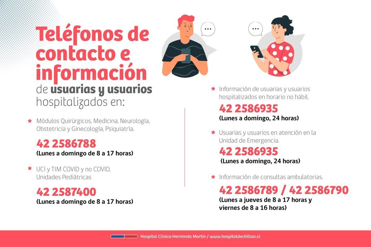 HospitalChillan's tweet photo. ¿Tienes un familiar hospitalizad@ y quieres conocer su evolución clínica❓

Comunícate a los siguientes números ☎️⬇️ https://t.co/EWd1QTCJI9