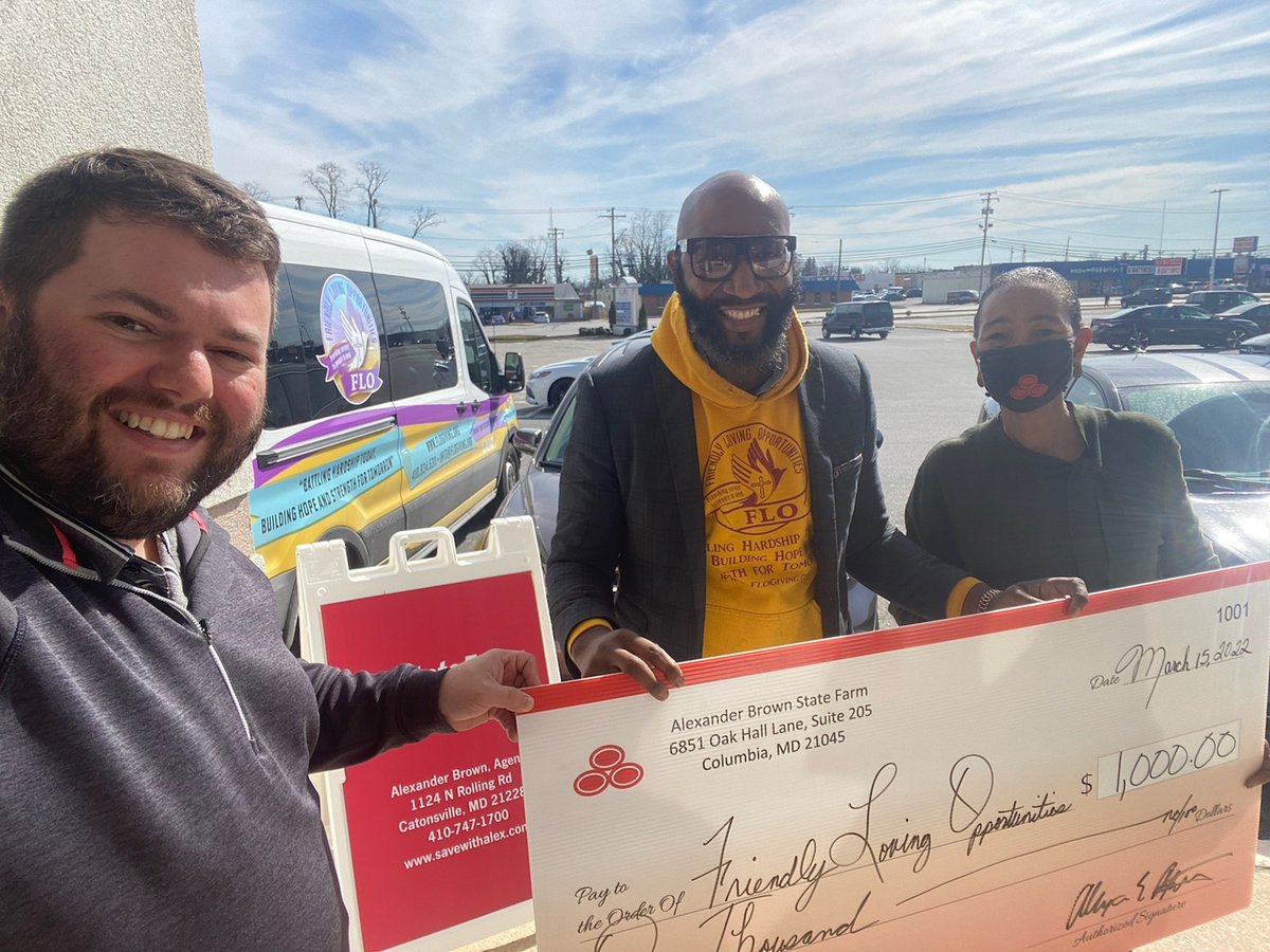 flogiving's tweet photo. Huge thanks to Alexander Brown - State Farm Agent  for their continuous support for our work in the community. Today they presented us with a check of $1000. On behalf of the Board Directors of FLO, we thank you for your generosity. #FLO #nonprofit #justice #unity #impact #LOVE https://t.co/RbKN7EVNzr