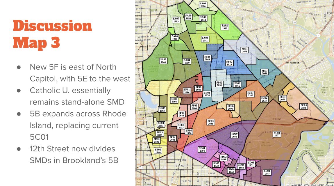 Neighbors, please lean in to provide feedback on proposed changes to #Ward5 ANC boundaries. There are three discussion maps, pictured below and linked here: docs.google.com/presentation/d…. You have until this Monday, March 21 to submit feedback via this form: docs.google.com/forms/d/e/1FAI…