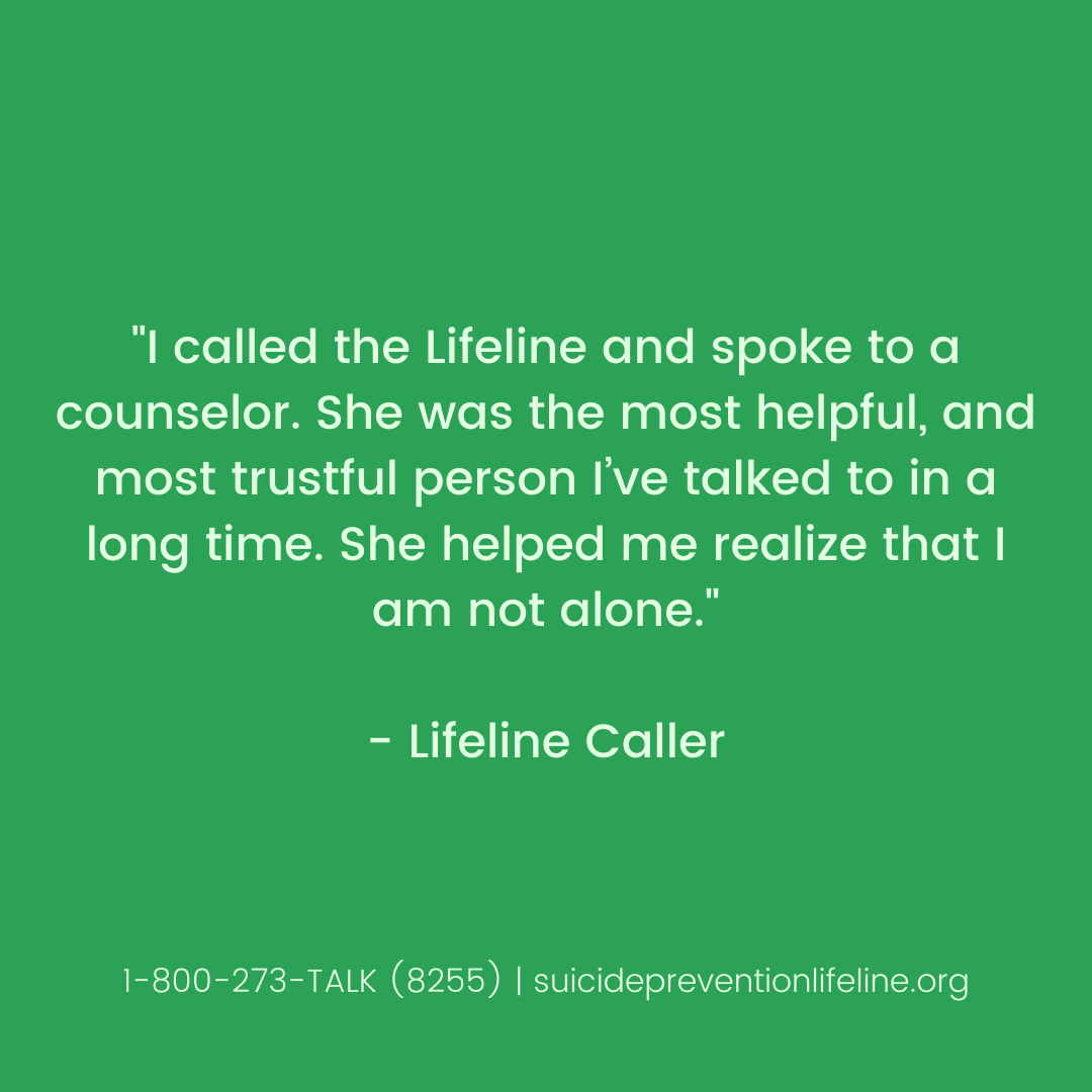 Counselors are the heroes of the Lifeline and #suicideprevention. They answer the contacts we receive, 24/7/365. If you're struggling with some tough thoughts or emotions, don't hesitate to reach out. Call 1-800-273-TALK (8255) to be connected with a trained, caring counselor 💚