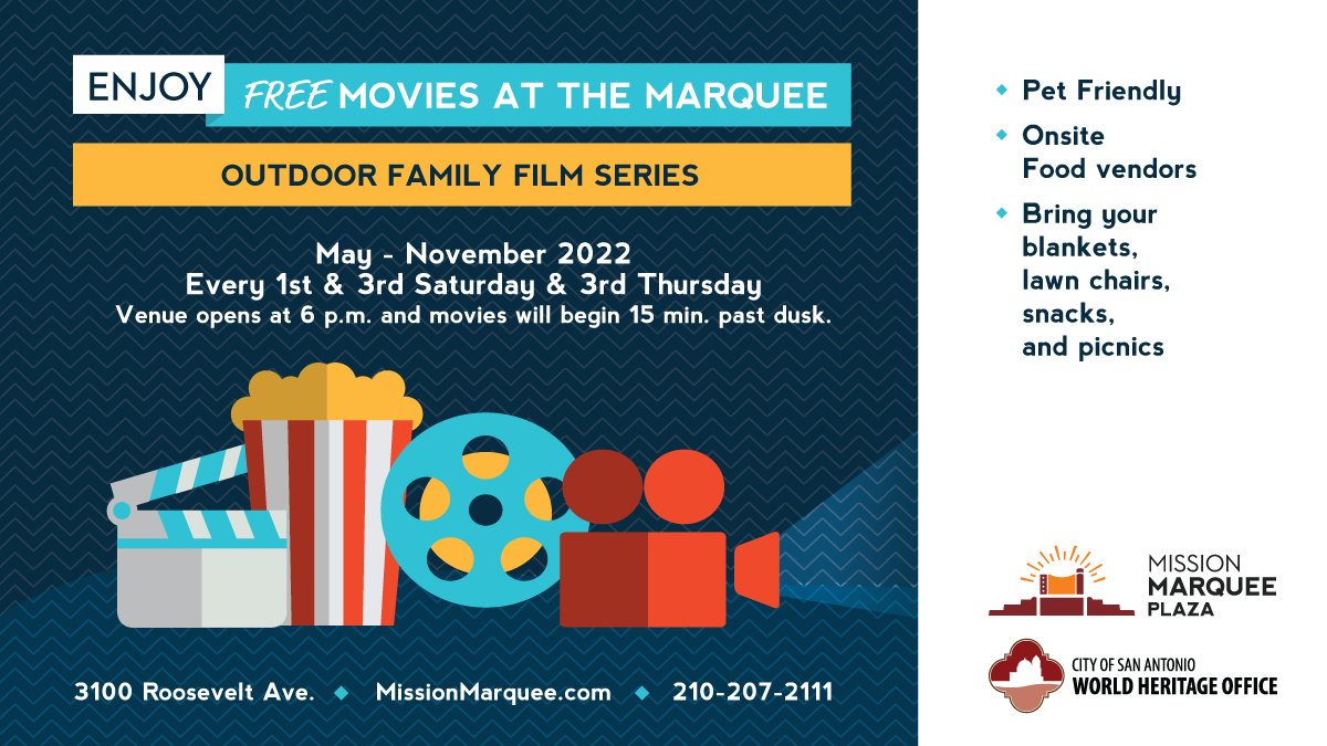 We are excited to announce our #missionmarqueeplaza movie schedule for 2022!  Join us March-November for FREE outdoor movies and special events. Check out our calendar at missionmarquee.com and make plans to join us this season! #worldheritagesa