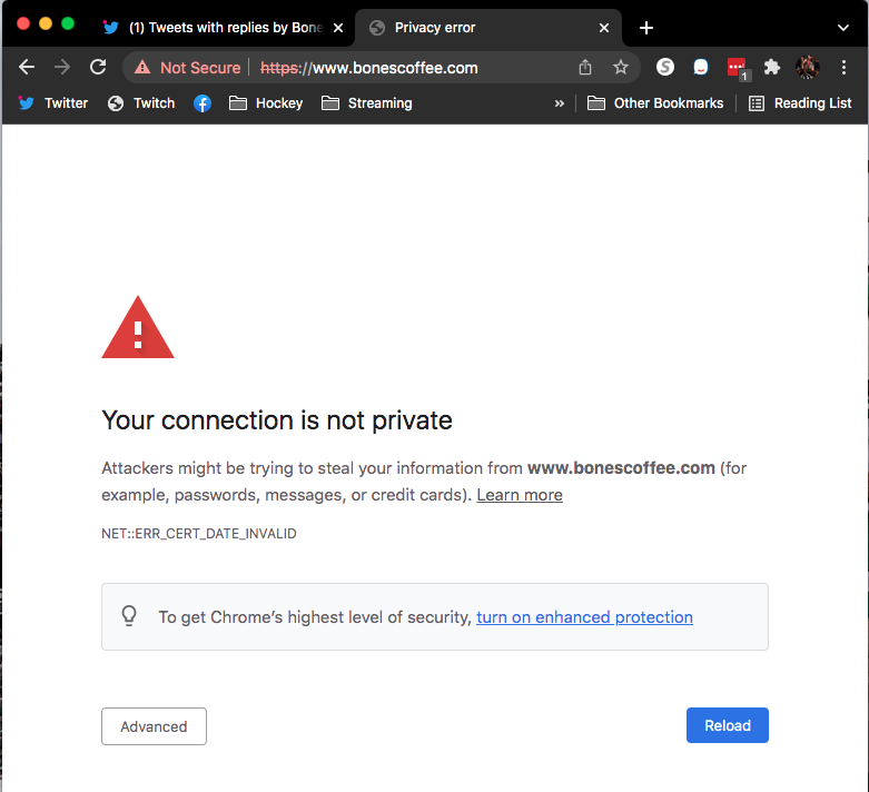 Raidrith's tweet photo. @bonescoffeeco I haven't been able to access your site for two days even when I turn any protection off. :'( https://t.co/QGE3gZDjZQ
