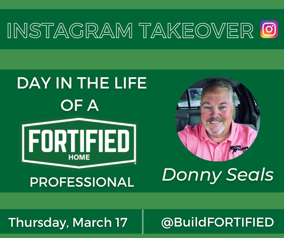 FORTIFIEDHOME's tweet photo. TOMORROW: Rapid Roofing's Donny Seals (@coachdonny1) takes over the FORTIFIED Instagram. We'll following along with him as he travels around sites in Birmingham, Alabama. Tune in to the FORTIFIED Instagram page at @buildfortified! #alwx #buildfortified https://t.co/Z6ayCxENfM