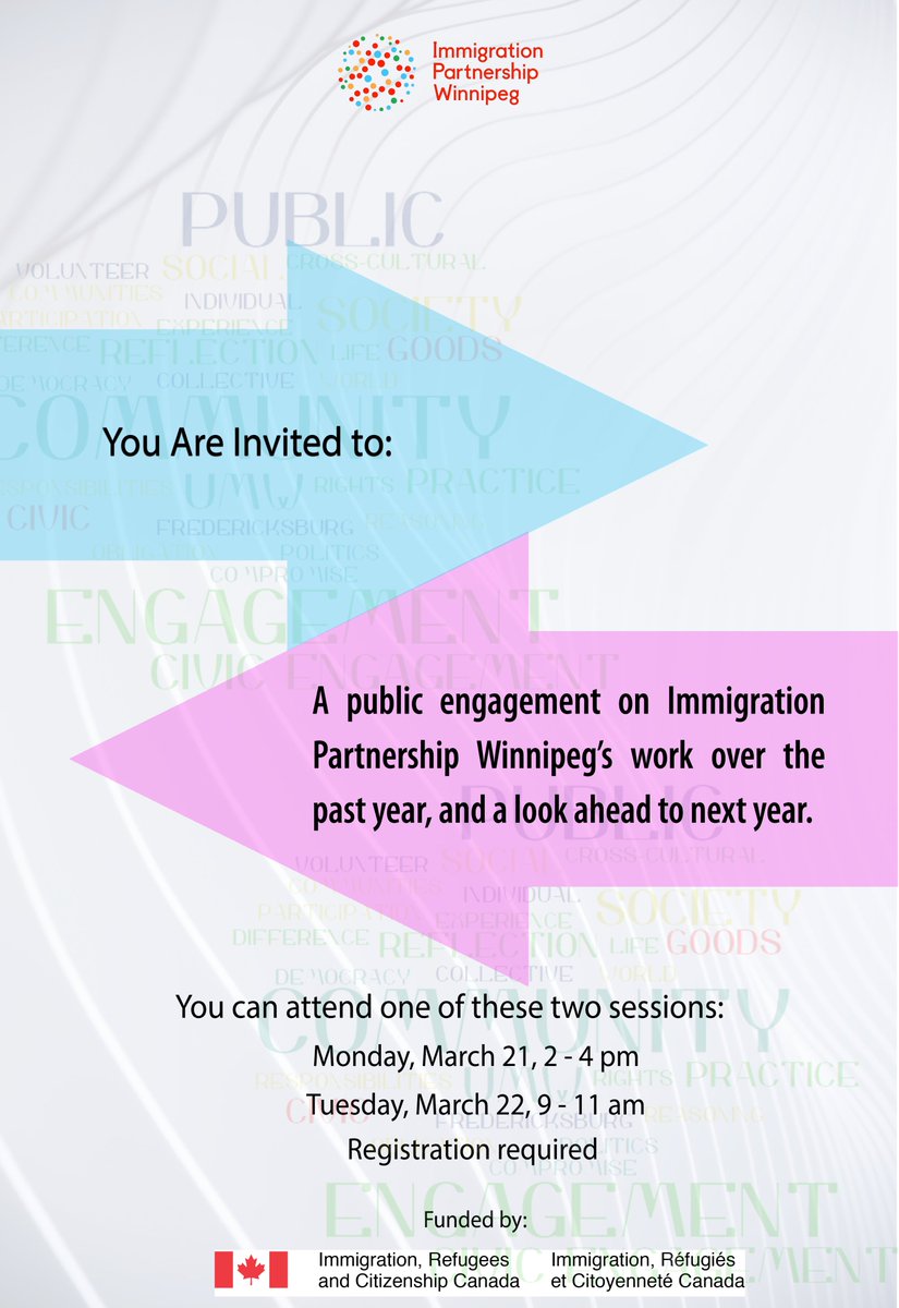 IPWinnipeg's tweet photo. IPW invites you to a public engagement session to share our work over the past year, and a look ahead to next year.

Registration required. Please register to attend one of the following two sessions:

March 21: https://t.co/SodHUunHnK

March 22: https://t.co/BpeWvn23rD https://t.co/aXyddl7dZ1