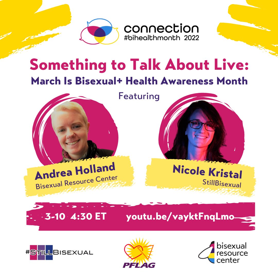 We've got #SomethingToTalkAbout with <a href="/PFLAG/">PFLAG National</a> this week! To mark #BiHealthMonth, BRC's Andrea Holland will join #STTALive alongside <a href="/StillBisexual/">Still Bisexual</a>'s Nicole Kristal to talk all things bi+ health. Be sure to tune in Thursday at 4:30 PM ET! youtu.be/vayktFnqLmo