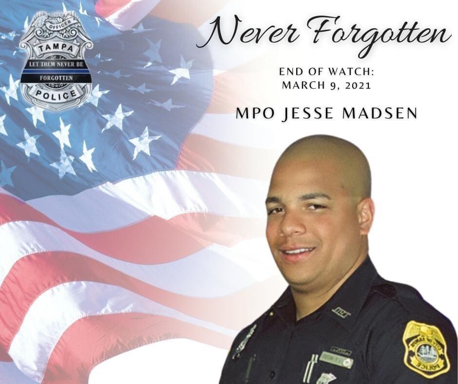 EricGlasserWTSP's tweet photo. @TampaPD is gathering to honor and remember Officer Jesse Madsen who was killed in the line of duty one year ago today. Officer Madsen intentionally and heroically steered his SUV into the path of a wrong way vehicle on I-275. https://t.co/Bx6ARNvOhW