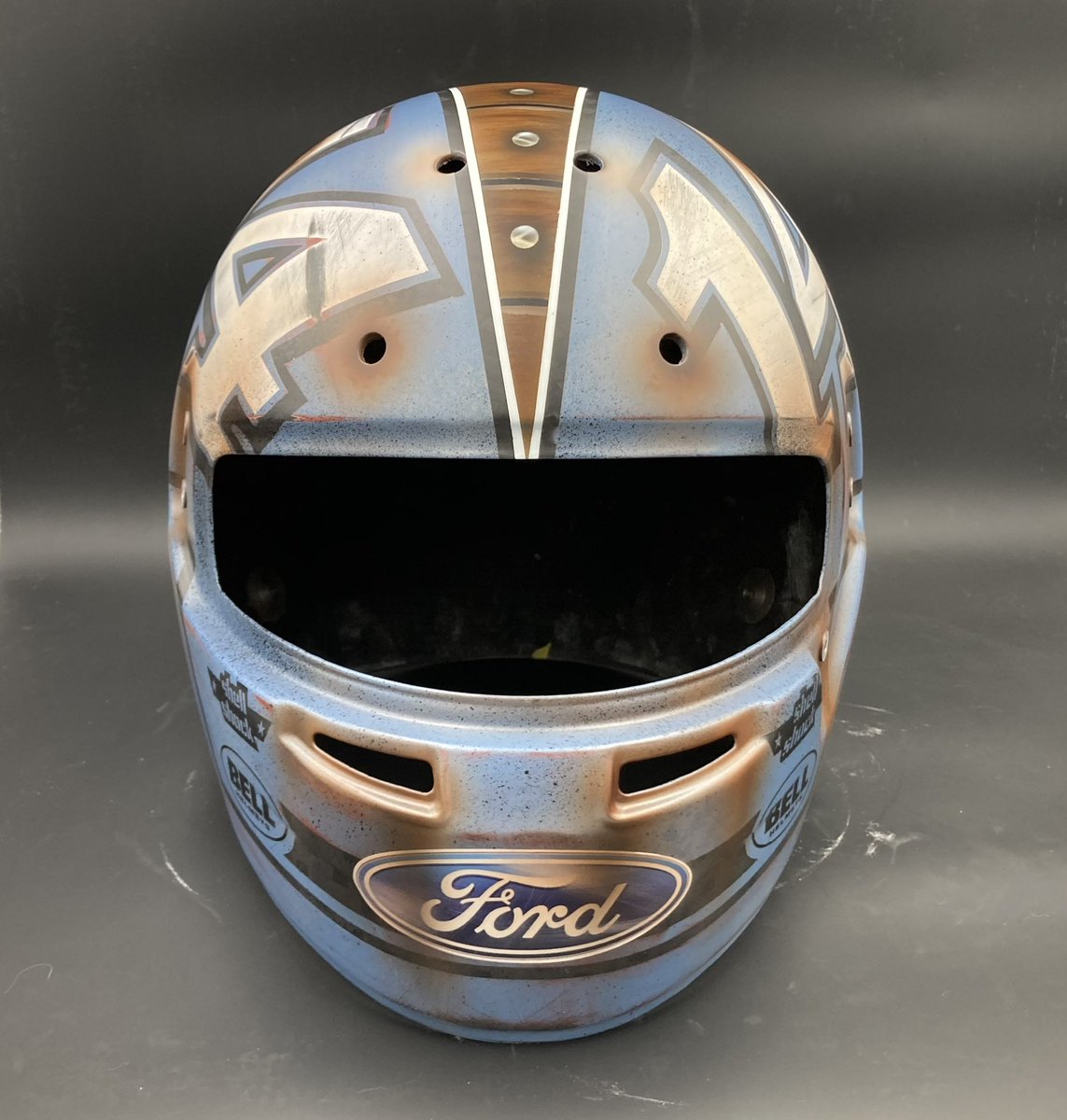 chasebriscoe's tweet image. Every year since 2018 I’ve done a “rusted” helmet. Here is what @ShellShockCo came up with for this years edition. 🔥