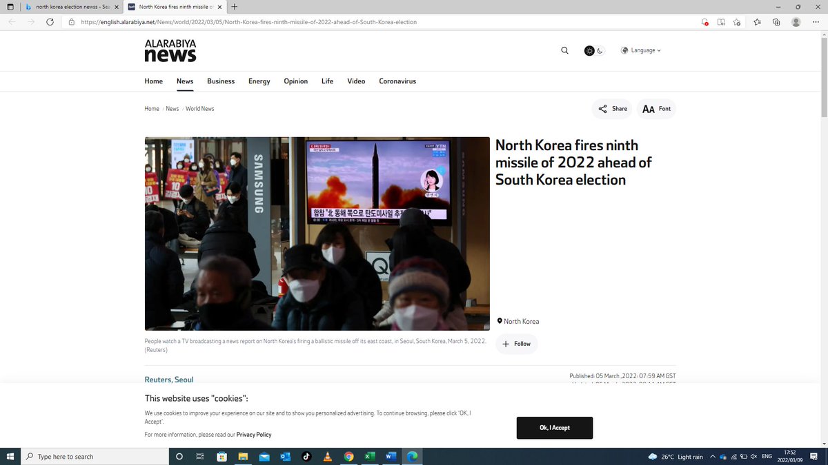 North Korea fires ninth missile of 2022 ahead of South Korea election. North Korea fired at least one suspected ballistic missile toward the sea to the east of the Korean peninsula on 3Mar2022, militaries in the region said, an apparent test just days b4 the presidential election