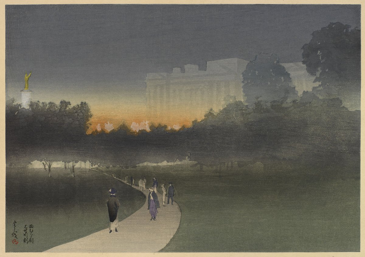 Buckingham Palace, London, seen across Green Park by Yoshio Markino c. 1911 Colour woodcut (Royal Collection Trust)