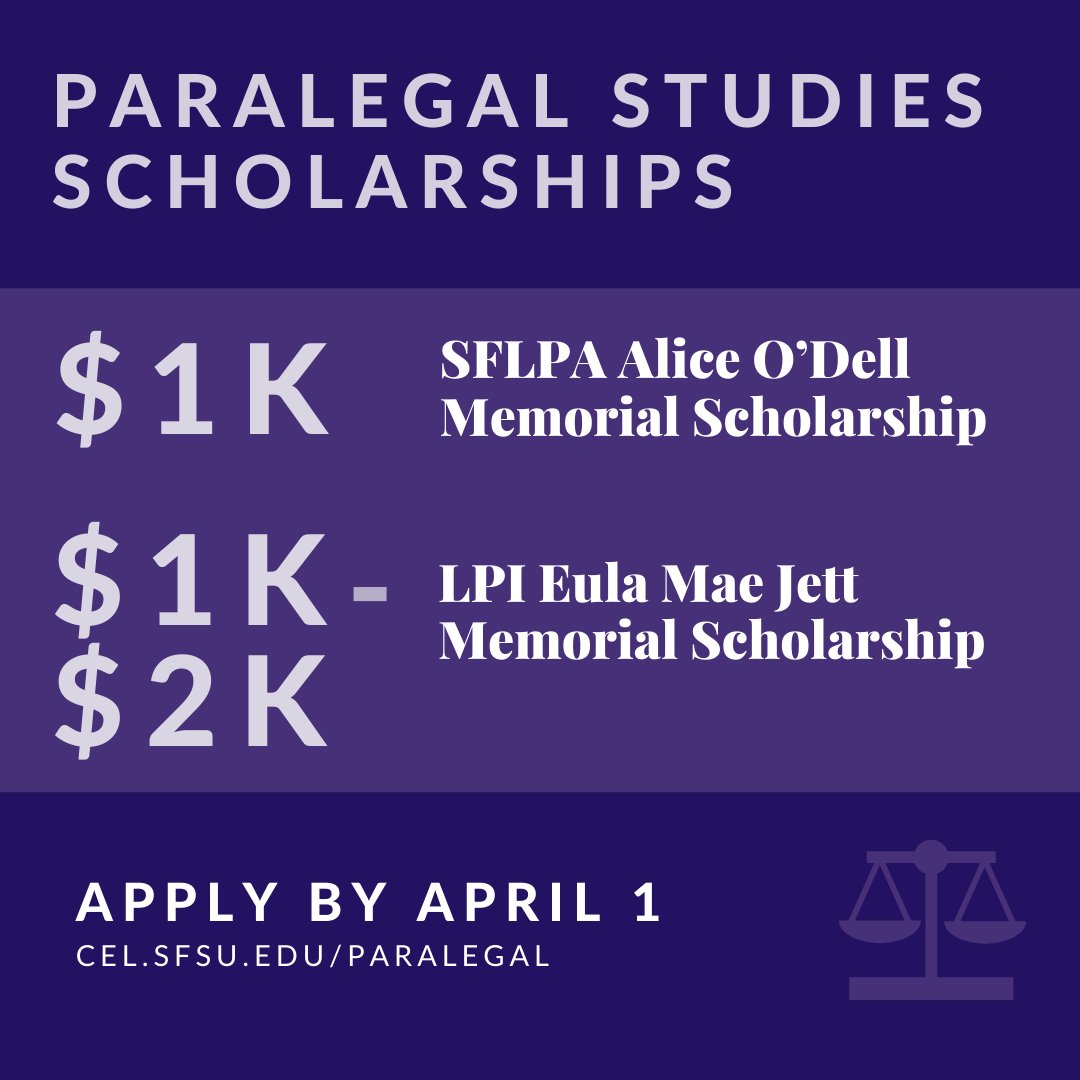 SFSUCPaGE's tweet photo. Paralegal Studies Students - Announcing $1K - $2K scholarships from the San Francisco Legal Professionals Association & @MeetLPI.
Apply by 4/1 for the Alice O’Dell Memorial Scholarship & the Eula Mae Jett Memorial Scholarship.
https://t.co/hwdPNGscM2 #SFSU #SFLPA #MeetLPI https://t.co/hVK2Fugjr7