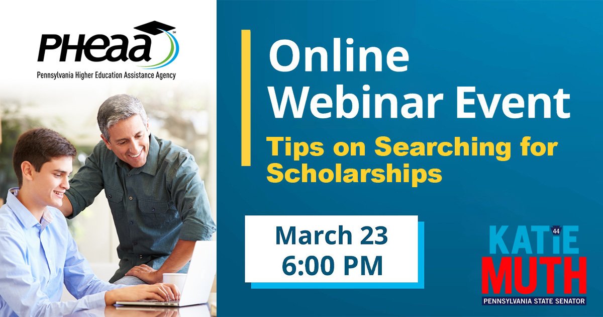 PHEAAaid's tweet photo. Applying for scholarships is an essential step to obtain free aid to keep your college costs down. Join us with Sen. Katie Muth as we discuss the tips and resources available to assist with covering your educational expenses. 

🎓📚 Head to https://t.co/yhbPYndf82 to register. https://t.co/TLzCIY1jkt