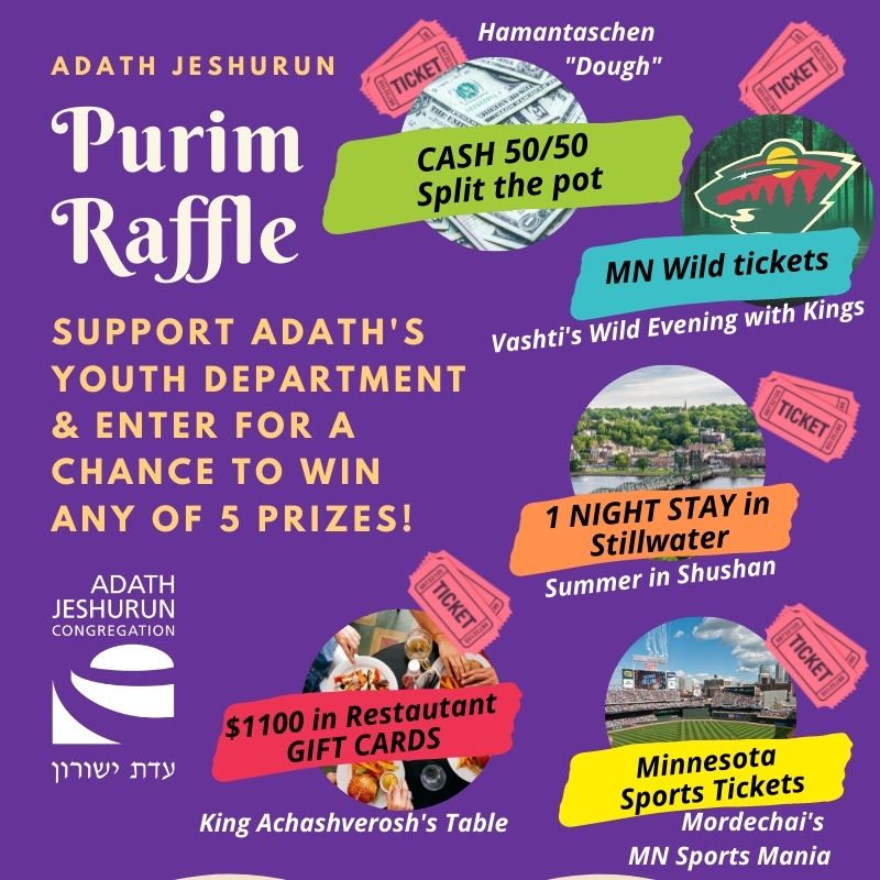 Tomorrow is the last day to order Raffle tickets online! Tickets can be purchased in-person through the Carnival on Sunday where winners will be drawn. See the full prize packages here and enter to win: adathjeshurun.org/purim