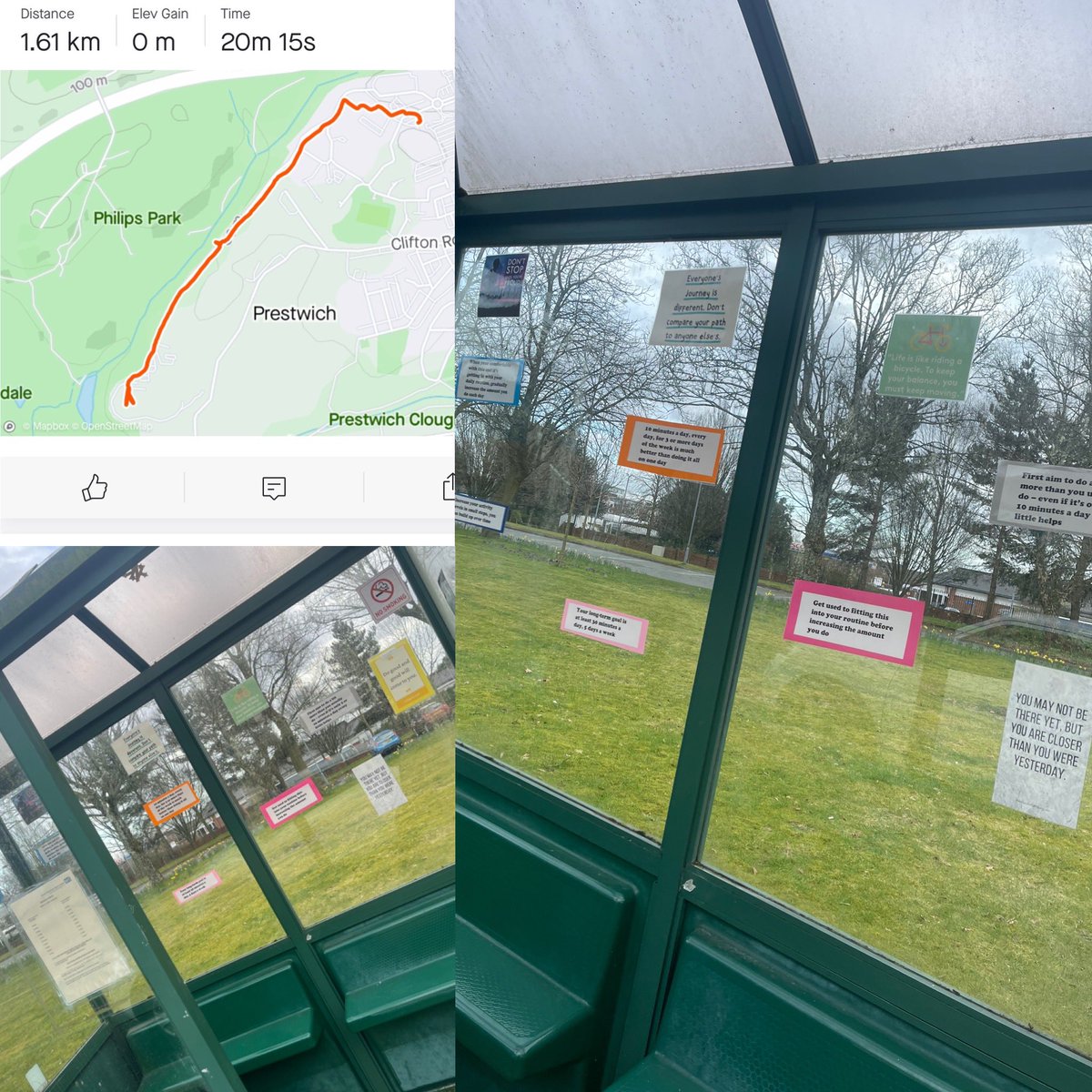 Amy_Lowry_'s tweet photo. Revamping the bus stops, with words of positivity and how many steps to each 🚏stop 1/3 ✅ getting our steps in it is a  reminder of how good exercise Is for our mental health 
✅@CamacEmmaGMMH 
✅@JenLeyden2 
✅@BenStrongGMMH 
✅@tracyb07976 
✅@GMMH_NHS 
✅@Wellbeingwarri2 https://t.co/DRQzVDSWK4