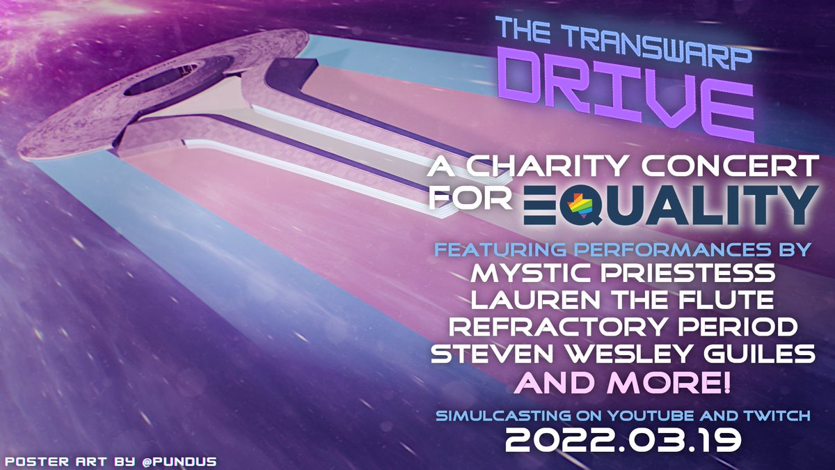 ElsewhereWorlds's tweet photo. Announcing Transwarp Drive, a #charityconcert, hosted by WETC and Mike Fatum, benefitting @EqualityTexas to support #transyouth

Simulcasting on Twitch and YouTube on Mar 19th 5pm US ET

#TranswarpDrive #virtualconcert #onlineconcert #TransRightsAreHumanRights #respecttransyouth https://t.co/7oK5JODfiY
