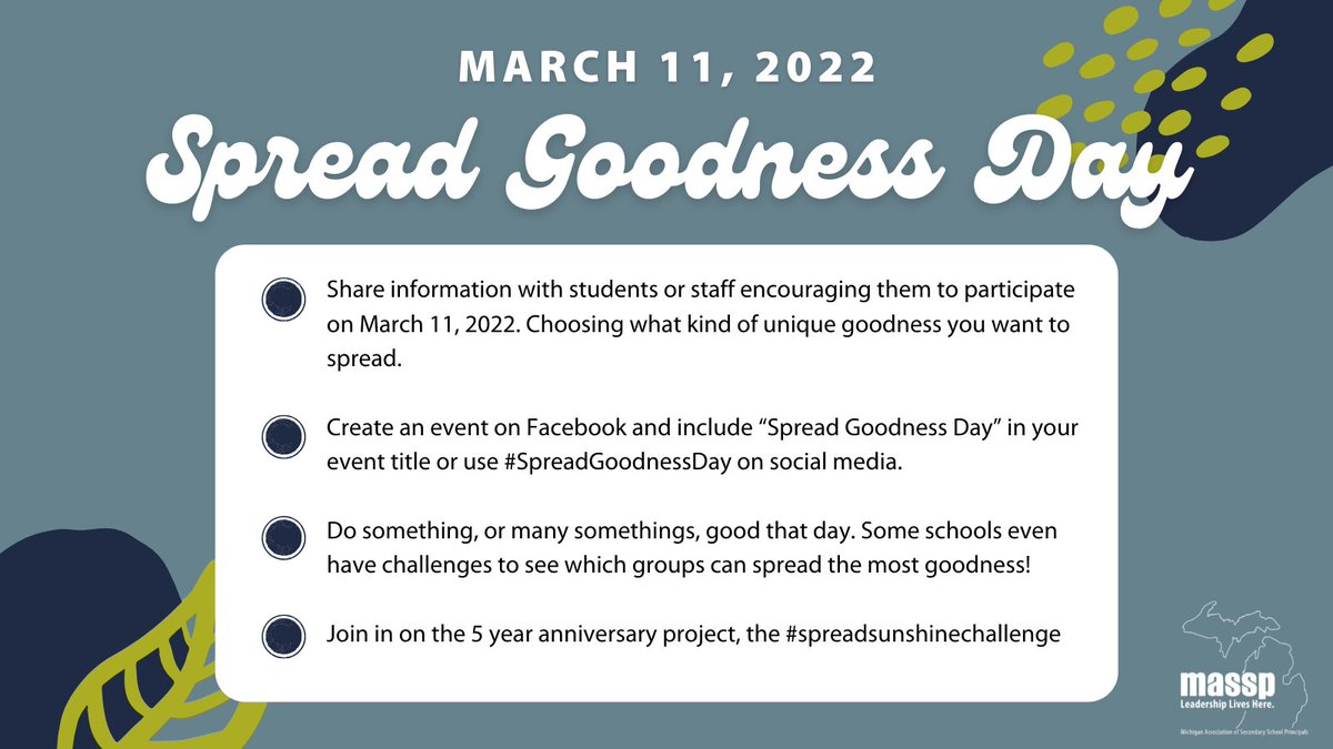 massp's tweet photo. Don't forget about #SpreadGoodnessDay coming up this Friday! This day is all about spreading positivity to those around us and in our communities. Here are some ways to get your school involved. Tag us if you end up participating - we want to see all the goodness! 🌞😃💛 https://t.co/Vo7dY39nRg
